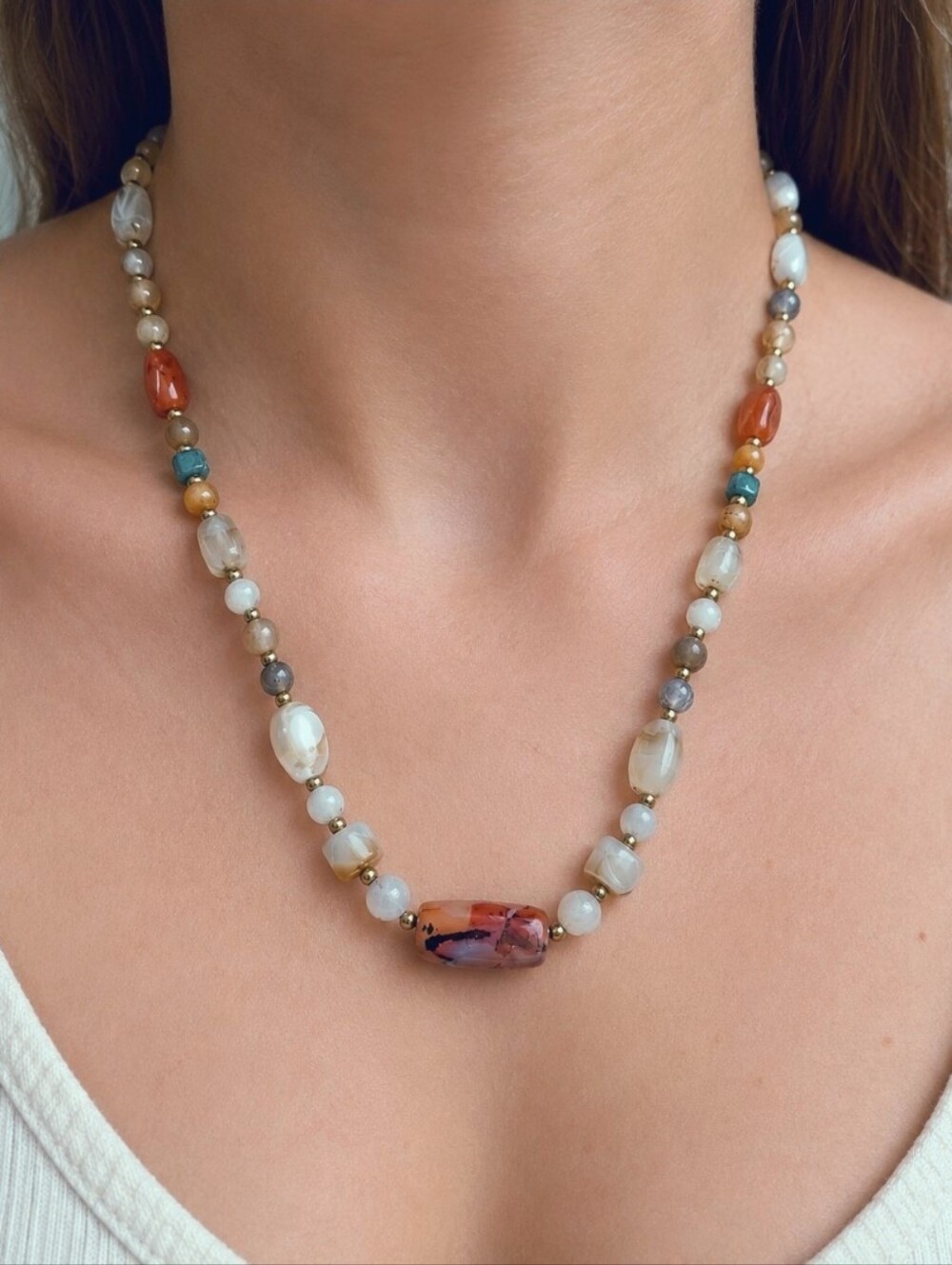 Vintage Beaded Agate and Precious Stone Necklace